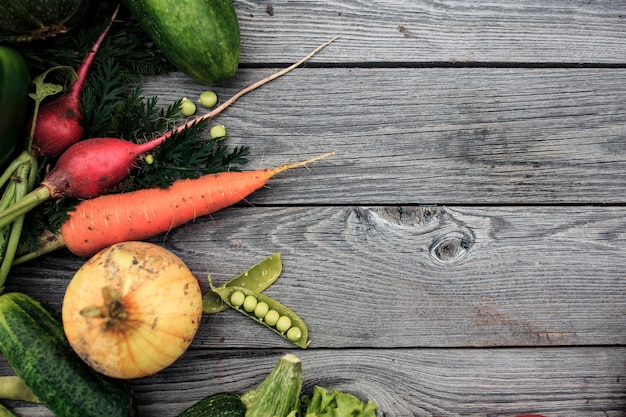 Young spring vegetables on wooden chalkboard from above