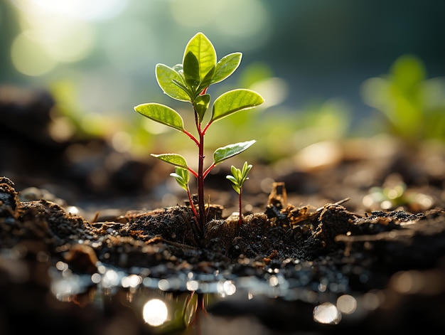 Photo young sprout grows out of the ground generative ai