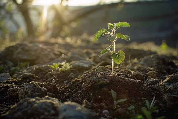 Young sprout of a plant in the rays of the setting sun