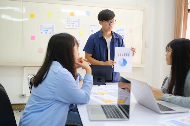 Riunione di brainstorming di lavoro di squadra di giovani imprenditori di avvio per discutere il nuovo investimento del progetto.