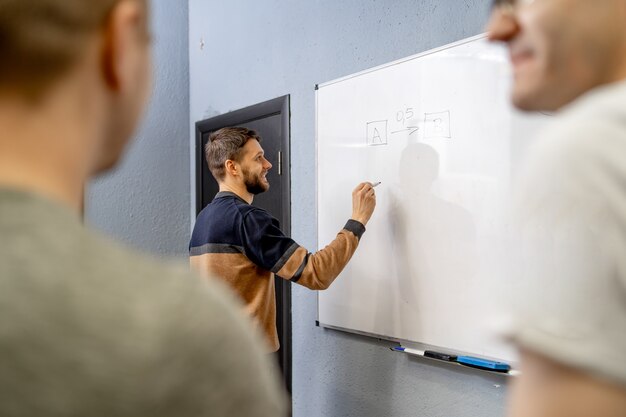 Giovane team di avvio che pianifica il proprio lavoro. processo di brainstorming del laboratorio di creatività.