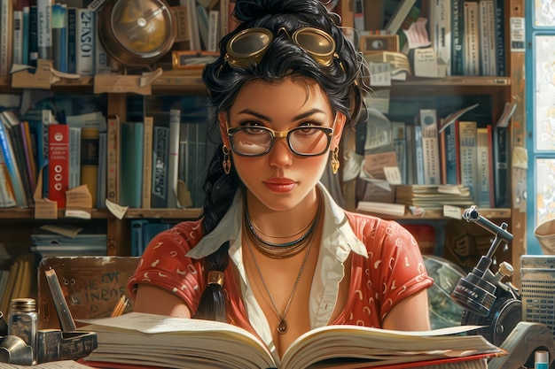 Фото Молодая женщина, вдохновленная стимпанком, читает книгу в старинной библиотеке, наполненной солнечным светом и антиквариатом.