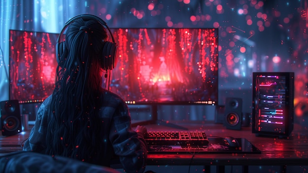 Young streamer woman in gaming room studio