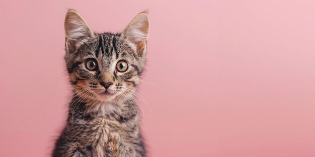 Young striped kitten with curious eyes and subtle markings against a pastel pink backdrop