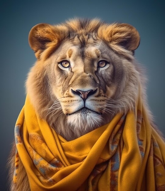 young strong lion with scarf in a grey background portrait created by generative AI technology