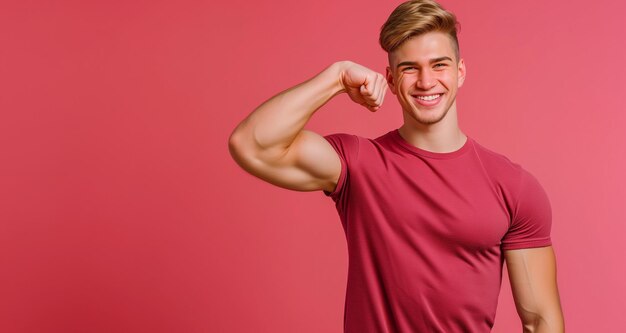 Foto giovane sportivo forte sportivo uomo isolato su sfondo rosso semplice workout sport fit body concept