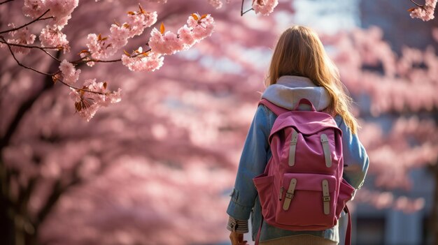 Young student under cherry blossoms vibrant spring