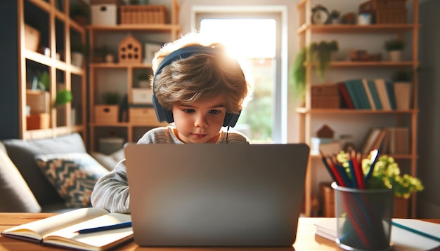 Photo young student engaged in online learning at home
