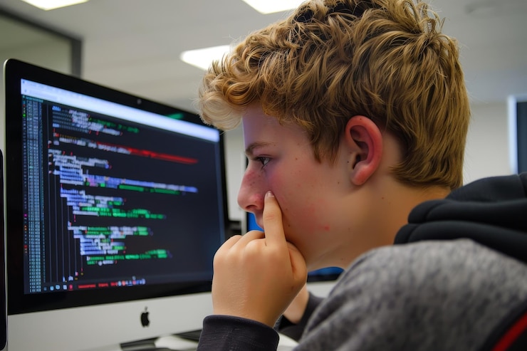 Photo a young student focuses on his computer screen as he codes in a classroom a student experimenting with coding on a computer with lines of code and digital graphics on the screen