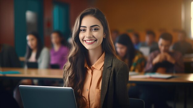 Young student girl happily looking at her laptop white blurry background