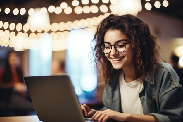 Young student girl happily looking at her laptop white blurry background