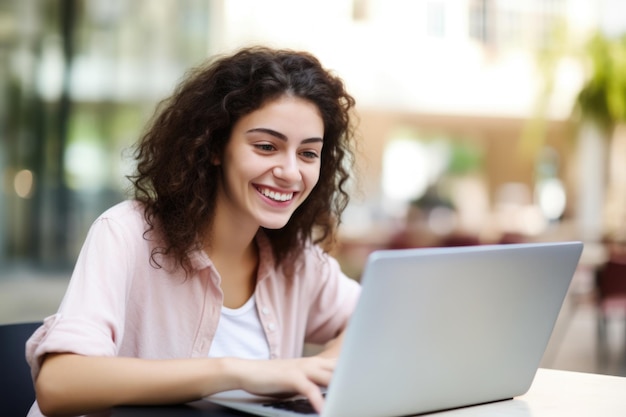 Молодая студентка с радостью смотрит на свой ноутбук на белом размытом фоне