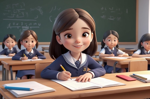 Young student girl in school uniform happy doing an easy exam sitting on desk writing