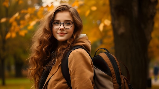 Young Student Girl with Backpack and Glasses in Autumn Park