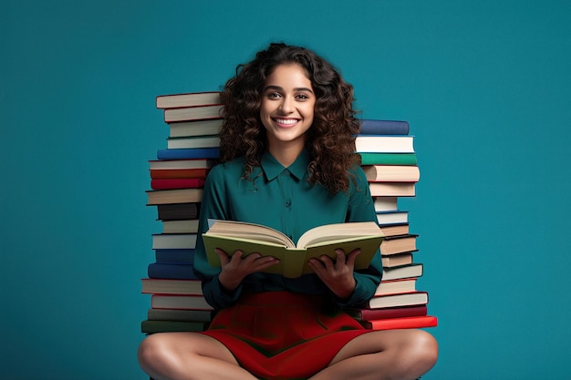 Young student girl with lots of books around her on bright blue background