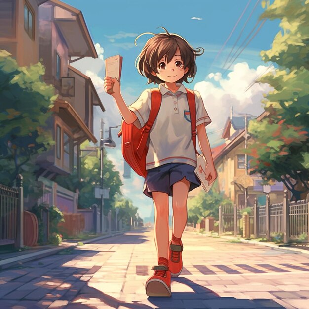 A young student goes to school illustration AI generated