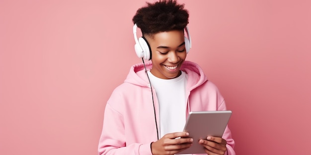 Young student on pink background