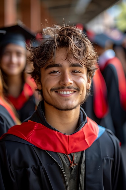 Photo young student poses proudly in front of university school ready to conquer the future