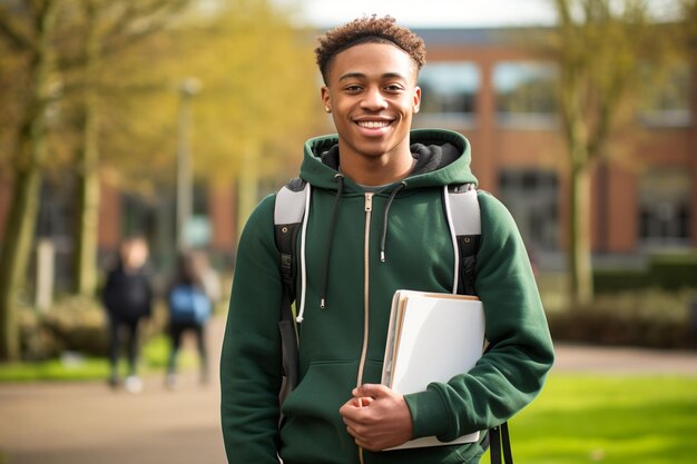 Photo young student's college journey begins textbooks and laptop in university setting