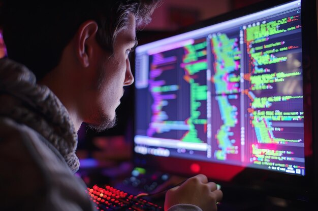 コンピューターのスクリーンの前に座っている若い学生は深くコーディングに没頭しています コンピューターでコーディングの実験をしている学生はスクリーンにコードの行とデジタルグラフィックスがあります