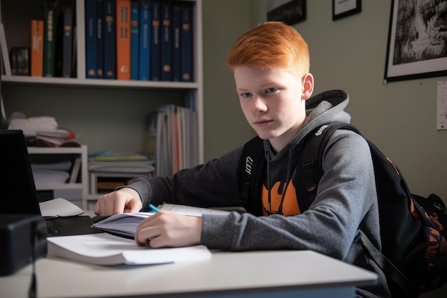 Photo a young student sitting at his desk using a laptop and textbooks created with generative ai