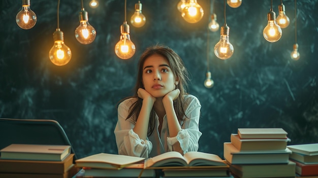 Young student sitting in a library with books and a glowing lamp