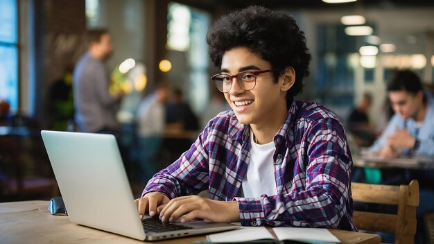 Photo young student sitting at the table and use the laptop