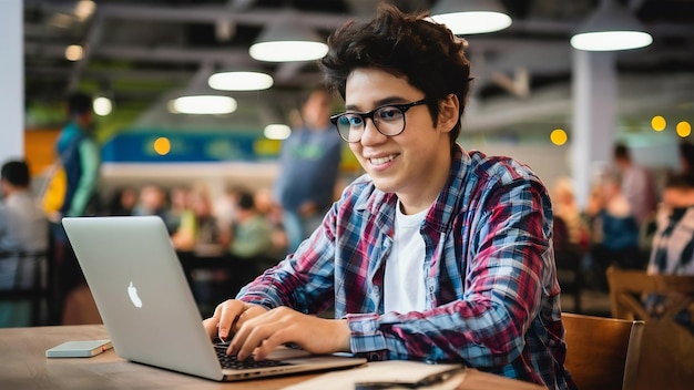 Young student sitting at the table and use the laptop