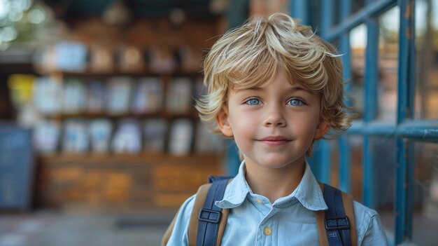 Photo a young student in uniform enters with a charming blonde boy carrying a school bag