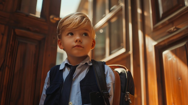 制服を着た若い学生がドアを開けバックパックを背負った魅力的なブロンドの少年が