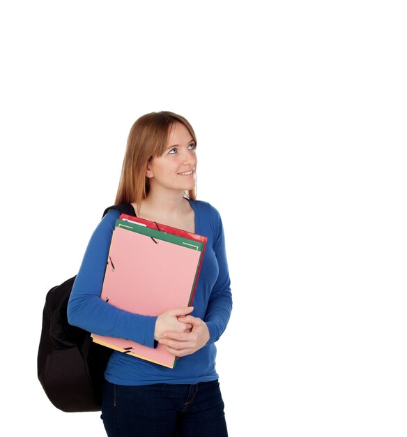 Young student with backpack and books  