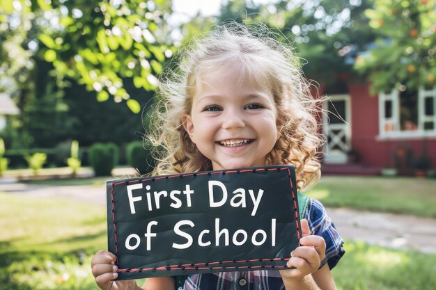 Photo a young student with a big smile holding a first day of school sign ready for a photo