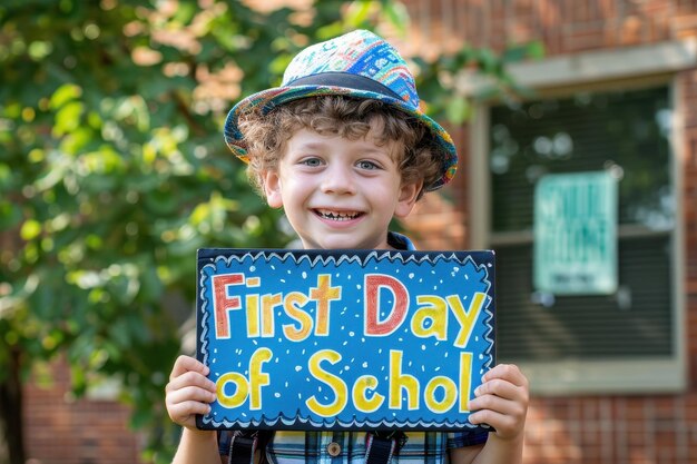 Photo a young student with a big smile holding a first day of school sign ready for a photo