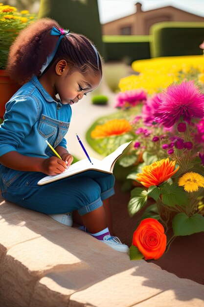 Young student writing on notebook and learning in the garden with bunch of colourful flowers in fron