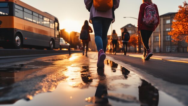 Photo young students embrace learning school children with backpacks walk the urban street a journey back to school filled with friendship knowledge and positive development