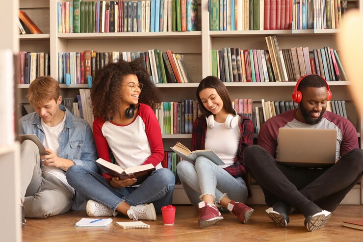 Photo young students preparing for exam in library