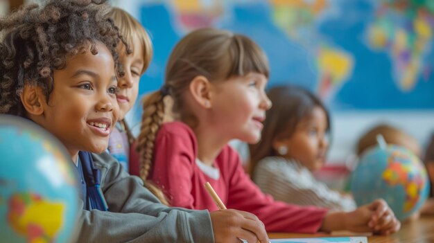 Photo young students sitting together at a desk inside a classroom engaged in learning activities and