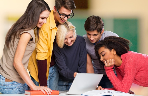 Young students studying on library background