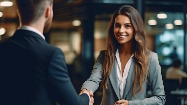 A young stunning woman signs the contract and shakes hands with the manager Generative AI