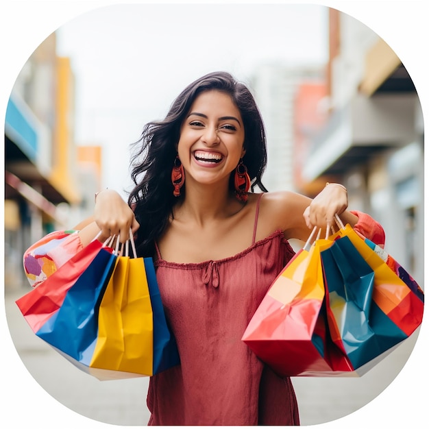 Young stylish beautiful girl in sunglasses is walking with multi colored shopping bags