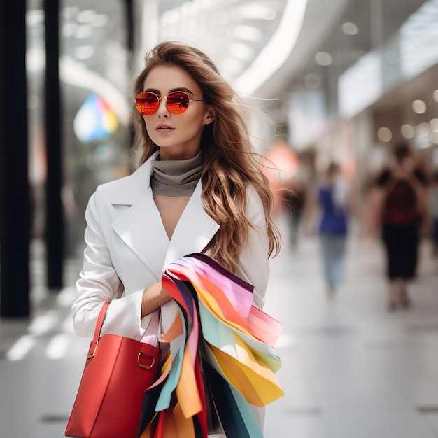 Young stylish beautiful girl in sunglasses is walking with multi colored shopping bags