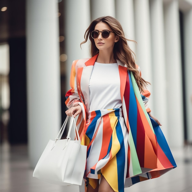 Young stylish beautiful girl in sunglasses is walking with multi colored shopping bags