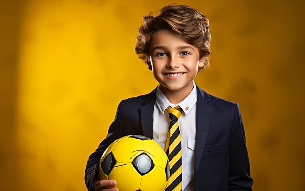 Young stylish boy in school uniform with a football