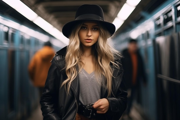 市内の地下鉄を探索する若いスタイリッシュな女性写真家
