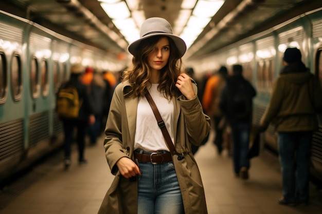 市内の地下鉄を探索する若いスタイリッシュな女性写真家