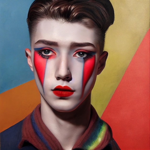 Young stylish guy with makeup on his face and looking away Portrait in retro style art poster