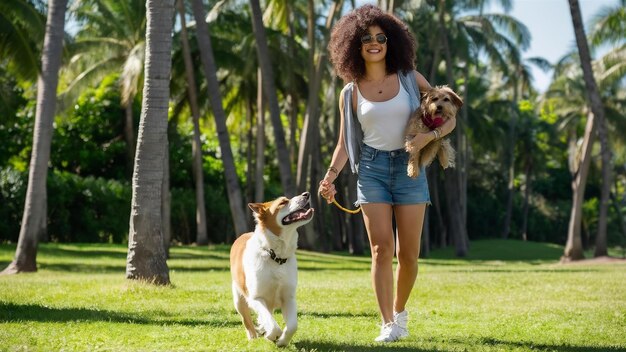 Photo young stylish hipster woman holding walking and playing with dog in tropical park smiling and have