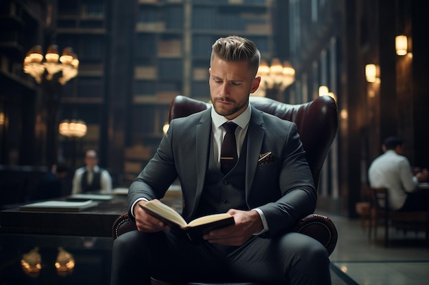 A young stylish man in a formal suit reads a book in the library