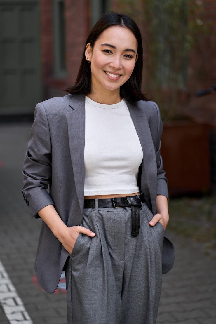 Photo 若いスタイリッシュな笑顔のエレガントなアジア ビジネス女性垂直ポートレート