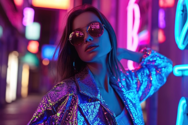 Young stylish woman wearing jacket with shining sequins on the city street with neon lights